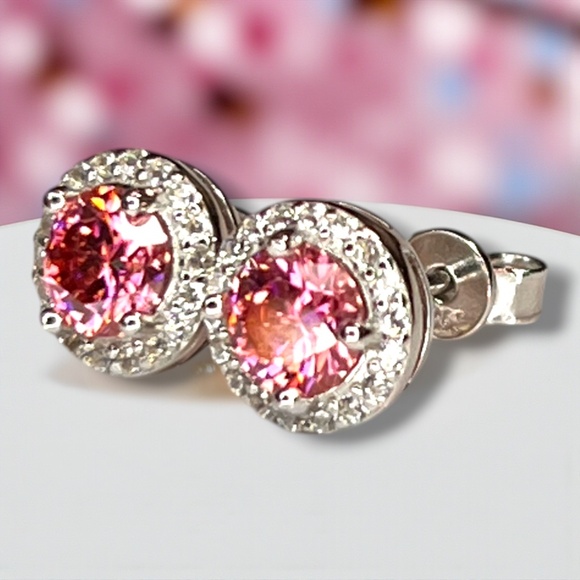 Sparkling One Carat Pink Moissanite Earrings Handcrafted Sterling Silver 925 - Picture 7 of 8